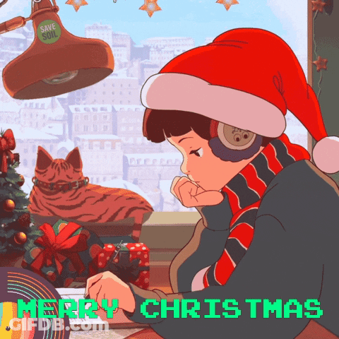 Girl In Santa Hat And Headphones With Merry Christmas Below GIF