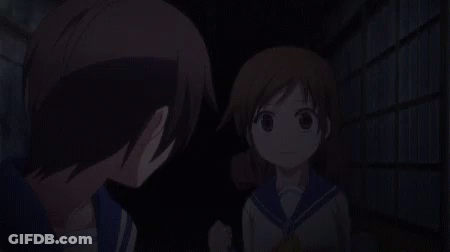 Girl In School Uniform Salutes Boy In Dark Room GIF