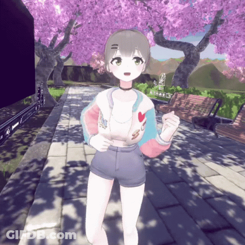 Girl In Shorts And Choker In Front Of Tree With Purple Flowers GIF
