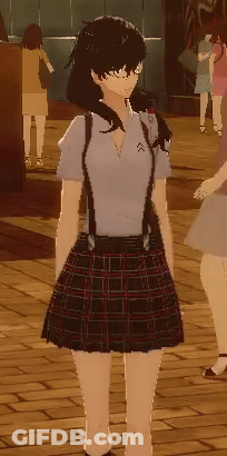 Girl In Suspenders And Plaid Skirt On Wooden Floor GIF
