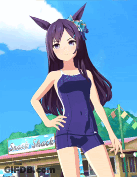 Girl In Swimsuit Standing In Front Of Snack Shack GIF