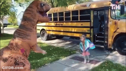 Girl In T-Rex Costume Getting On School Bus GIF