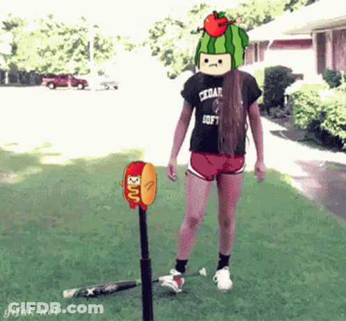 Girl In Watermelon Hat Next To Hot Dog And Bat GIF
