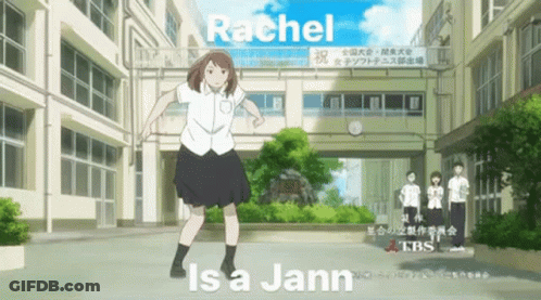 Girl In White And Black Dancing Saying Rachel Is A Jann GIF