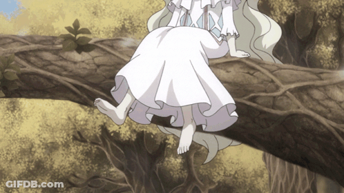 Girl In White Dress Sitting Barefoot On Tree Branch GIF