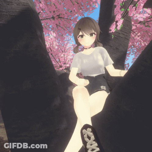 Girl In White Shirt Under Pink Flower Tree GIF