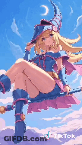 Girl In Witch Costume On Broom With Crescent Moon GIF