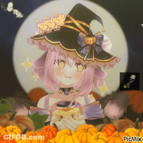 Girl In Witch Hat Holding Drink With Straw GIF