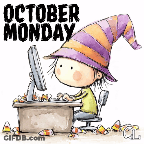 Girl In Witch Hat Using Computer October Monday GIF