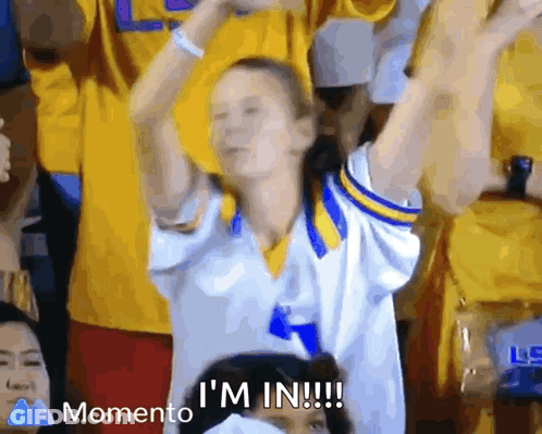 Girl In Yellow And White Jersey Says Momento I'm In GIF