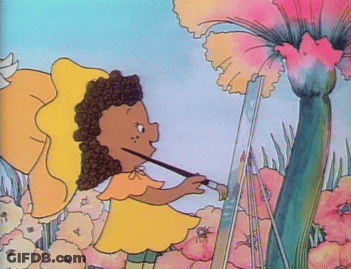 Girl In Yellow Dress Painting Flower On Canvas GIF