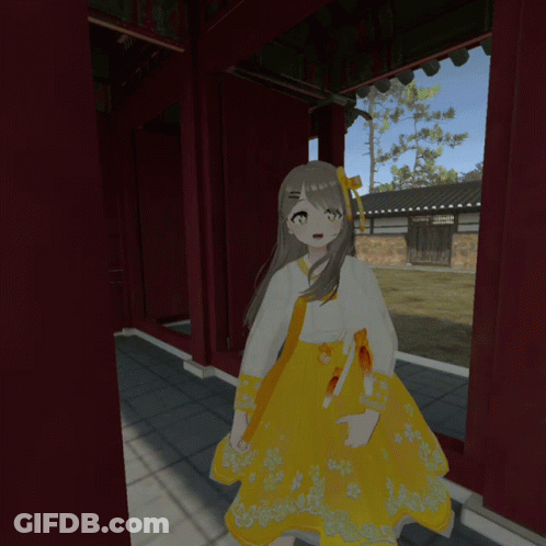 Girl In Yellow Dress Standing In Front Of Red Building GIF
