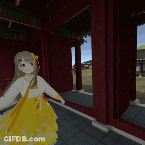 Girl In Yellow Dress Standing In Hallway With Red Pillars GIF