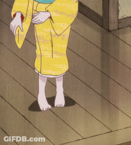 Girl In Yellow Kimono Squatting GIF