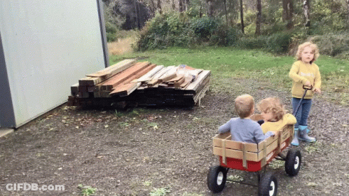 Girl In Yellow Sweater Pulling Wagon GIF