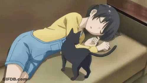 Girl Laying On Couch With Black Cat On Lap GIF