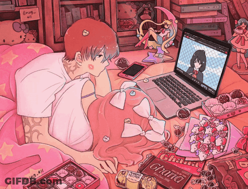 Girl Lying On Bed With Laptop And Ghana Chocolate GIF
