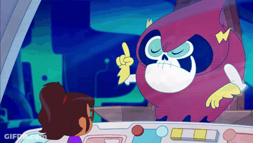 Girl Next To Cartoon Character With Skull On Face GIF