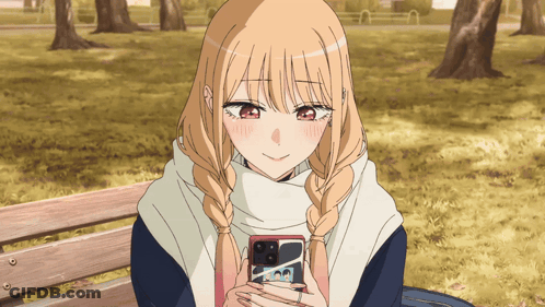 Girl On Bench Looking At Phone With Aoa Case GIF