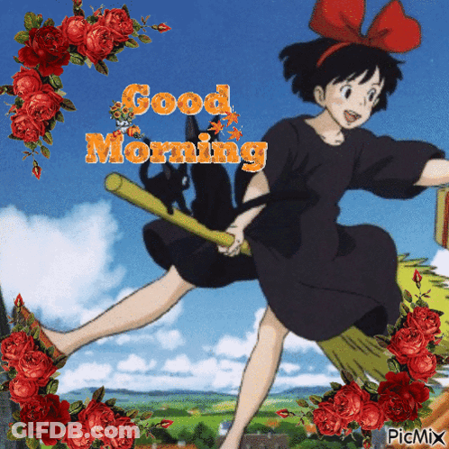 Girl On Broom Saying Good Morning GIF