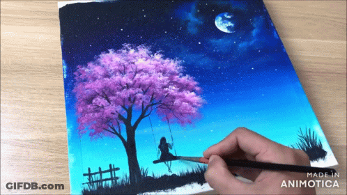 Girl On Swing Under Purple Tree GIF
