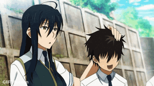 Girl Petting Boy's Head Beside Wall GIF