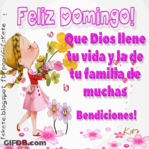 Girl Pink Dress Saying Feliz Domingo With Bouquet GIF