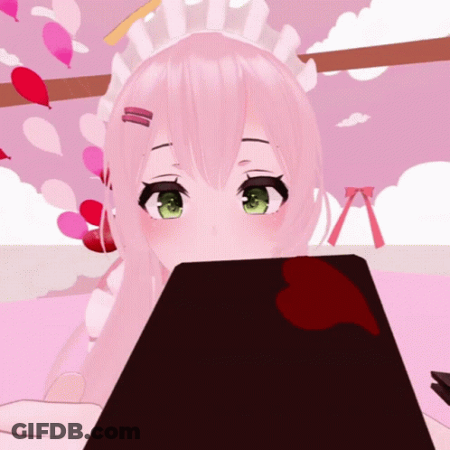 Girl Pink Hair Green Eyes Looking At Laptop GIF