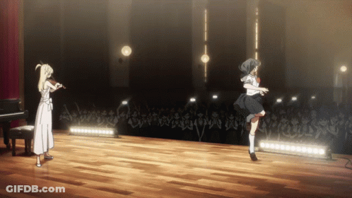 Girl Playing Violin And Girl Dancing On Stage GIF