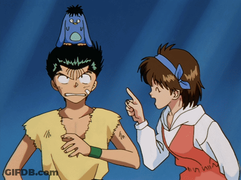 Girl Pointing At Man With Bird On Head GIF