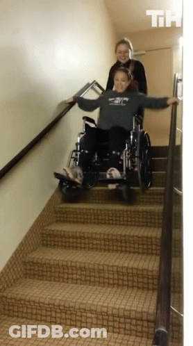 Girl Pushing Another Girl In Wheelchair Down Stairs GIF