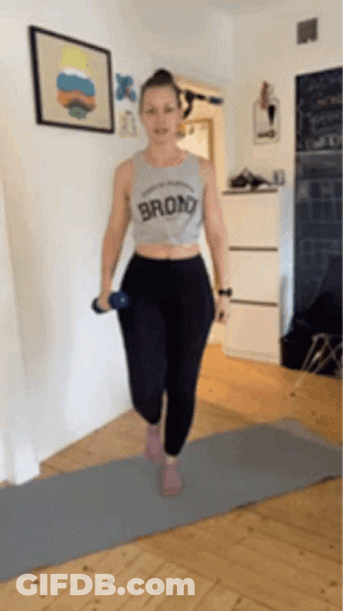 Girl Raise Arm Holding Dumbbell Single Leg Deadlift GIF