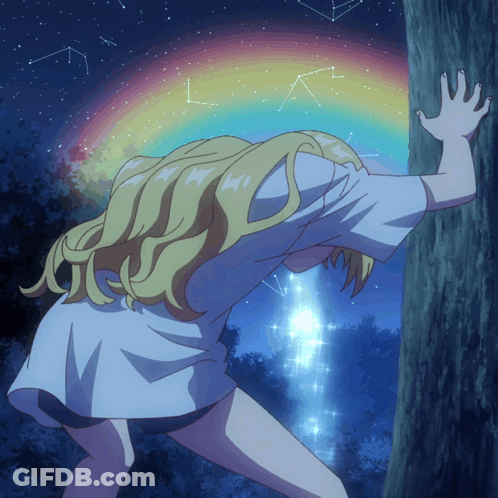 Girl Reaching For Tree With Rainbow GIF