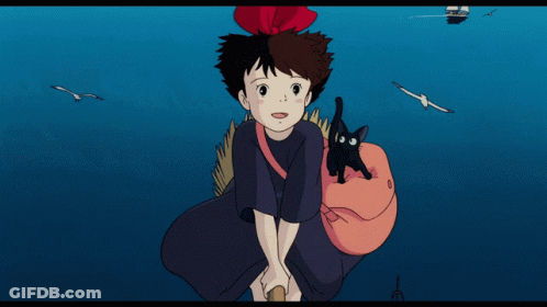 Girl Riding Broom With Cat On Back GIF