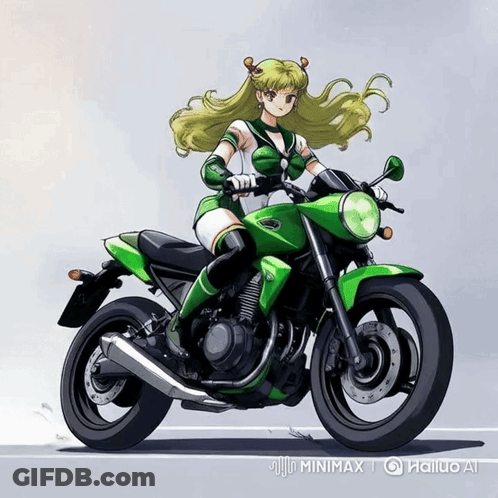 Girl Riding Green Motorcycle Minimax GIF