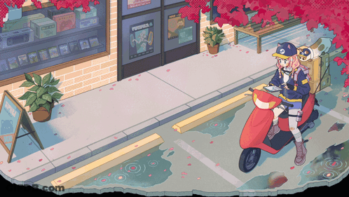 Girl Riding Scooter Near Pokemon Store GIF