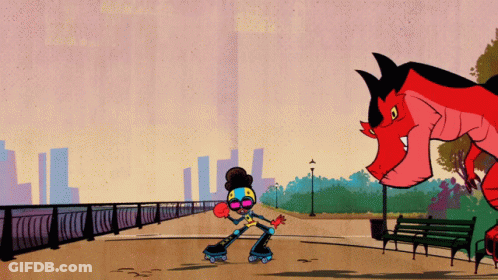 Girl Rollerblading Next To Dinosaur GIF