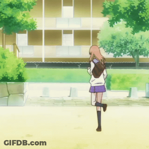 Girl Running On Sidewalk In White Sweater And Purple Skirt GIF