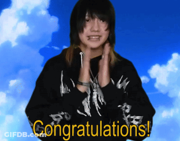 Girl Saying Congratulations In Front Of Blue Sky And Clouds GIF