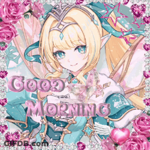 Girl Saying Good Morning Surrounded By Flowers GIF