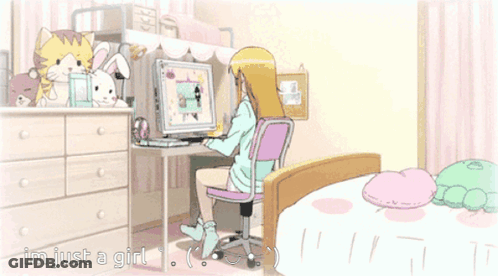 Girl Sitting At Computer Saying Im Just A Girl GIF
