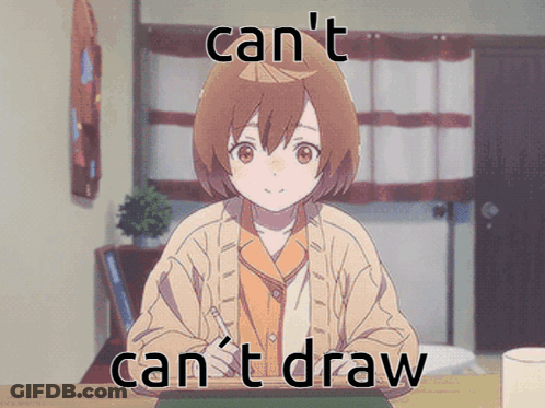 Girl Sitting At Table Saying Can't Draw GIF