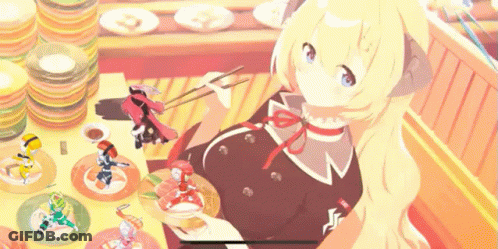 Girl Sitting At Table With Food And Toys GIF