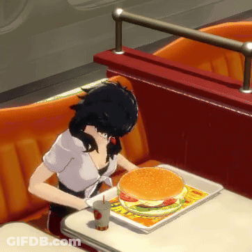 Girl Sitting At Table With Tray Of Food And Drink GIF