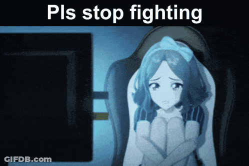 Girl Sitting In Front Of Computer Saying Please Stop Fighting GIF
