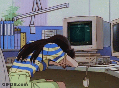 Girl Sitting In Front Of Computer With Head On Knees GIF