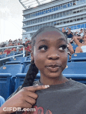 Girl Sitting In Stadium Pointing At Flamingo GIF