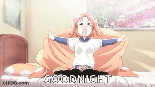 Girl Sitting On Bed With Arms Outstretched Saying Goodnight GIF
