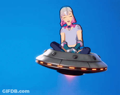 Girl Sitting On Flying Saucer In Sky GIF