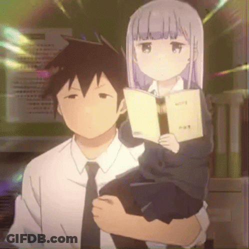 Girl Sitting On Man's Shoulders While He Reads Book GIF